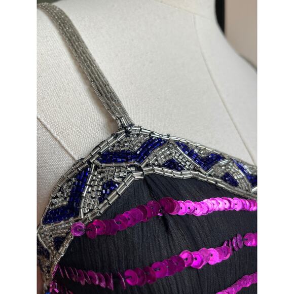 Vintage 90s Silk Sequin Slip Dress | Caché Beaded Cocktail Dress | M - Picture 6 of 7